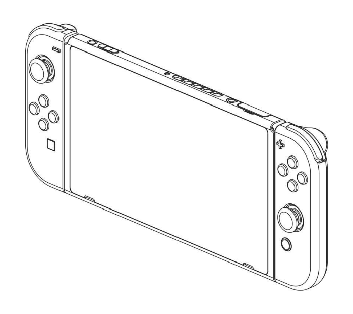 Nintendo Switchの外観デザインを示す意匠登録第1574793号の斜視図。左右のコントローラーと本体の一体的な形状を示した公式図面。