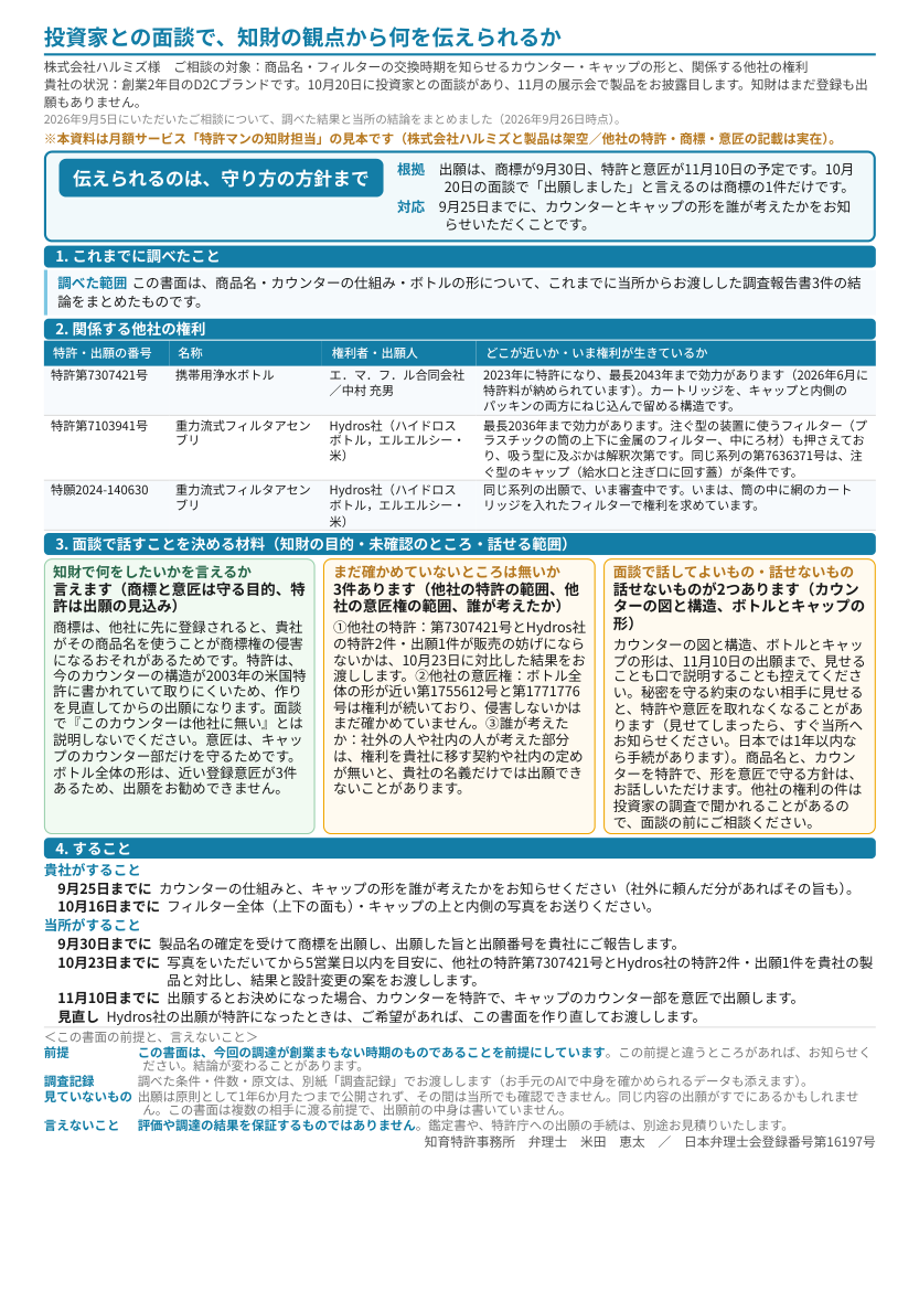 見本「投資家との面談で、知財の観点から何を伝えられるか」1ページ目のプレビュー