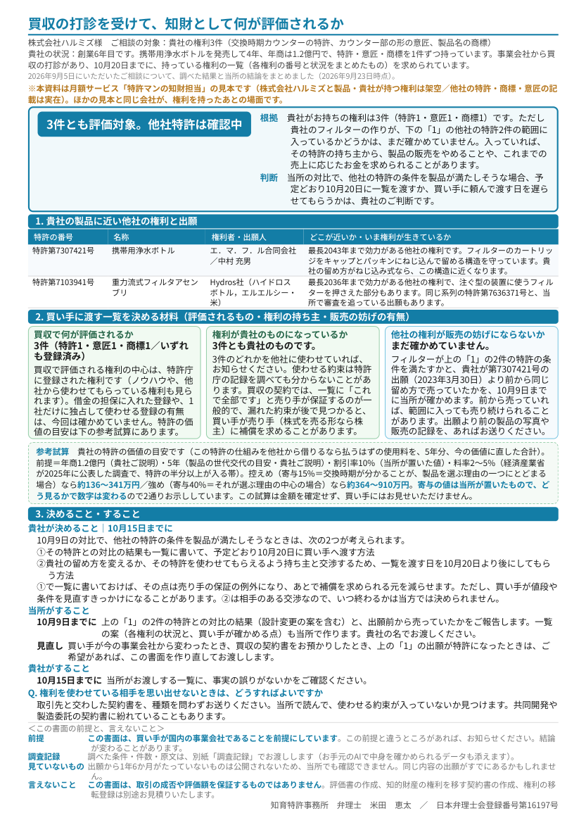 見本「買収の打診を受けて、知財として何が評価されるか」1ページ目のプレビュー