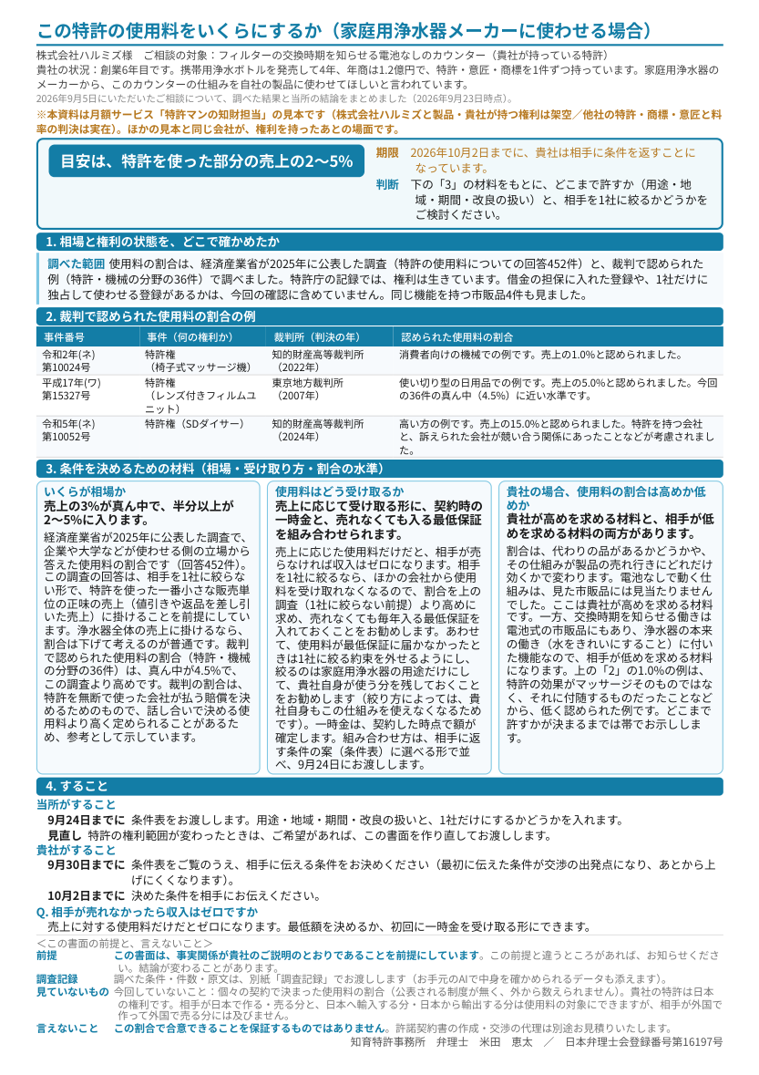 見本「この特許の使用料をいくらにするか（家庭用浄水器メーカーに使わせる場合）」1ページ目のプレビュー