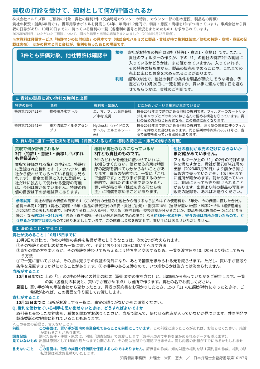 見本「買収の打診を受けて、知財として何が評価されるか」1ページ目のプレビュー